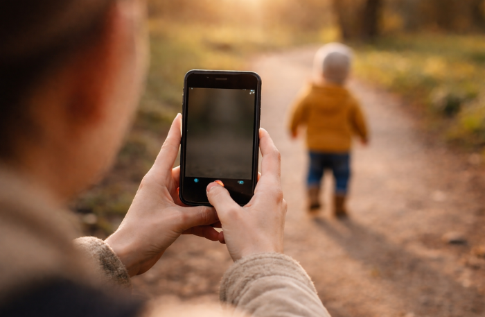 Telefono tra le mani di un genitore e bambino fuori fuoco sullo sfondo, metafora di comunicare nel materno infantile tra presenza e schermo