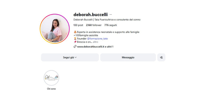 Profilo Instagram di Deborah Buccelli: strategia di comunicazione e personal branding per puericultrici e professionisti del settore materno-infantile.