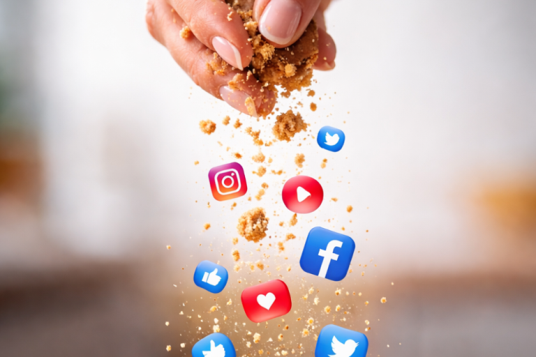 Mano che sbriciola un biscotto trasformando le briciole in icone social, metafora dello sharenting e della condivisione online dei bambini