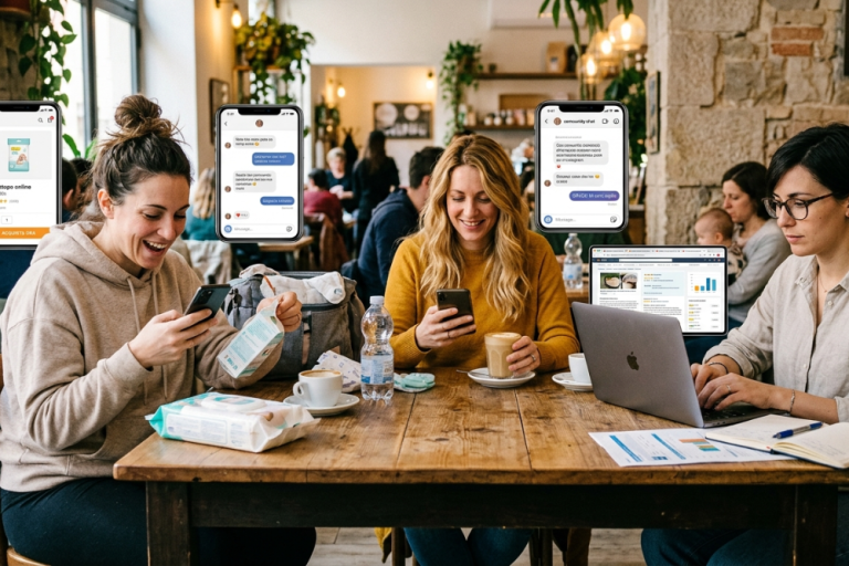 Tre mamme al computer e allo smartphone che rappresentano i tre tipi di clienti nel materno infantile in un bar.