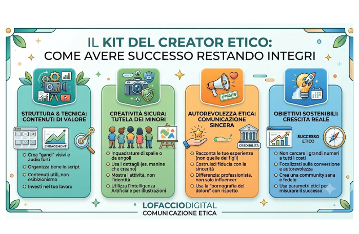 Infografica sul kit del creator etico per fare successo sui social senza mostrare i bambini online