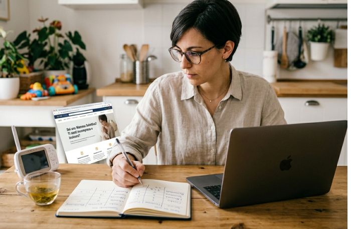 Mamma selettiva con occhiali analizza un sito web sul computer portatile e prende appunti su un quaderno nella cucina di casa.